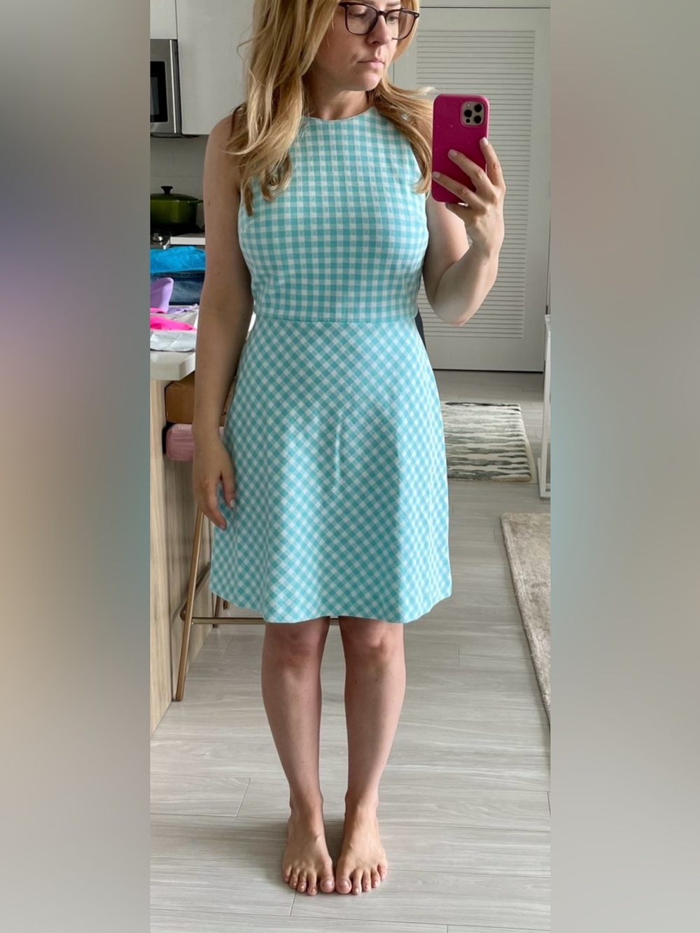 Ann Taylor Petite Aqua Gingham Fit & Flare Dress | Size 2P | Worn Once